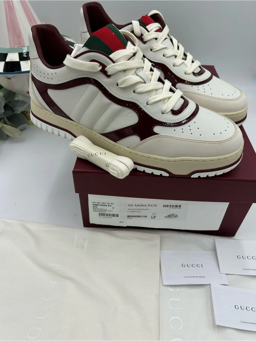 Men's Gucci re-web sneakers in white leather and patent trim size 11 fits 12 US